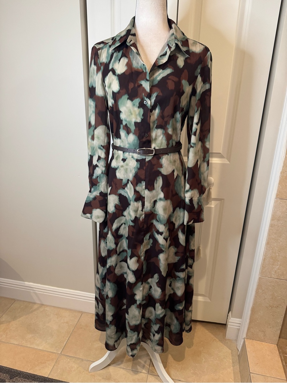 Mango Brown and Mint Floral Button-Front Maxi Dress